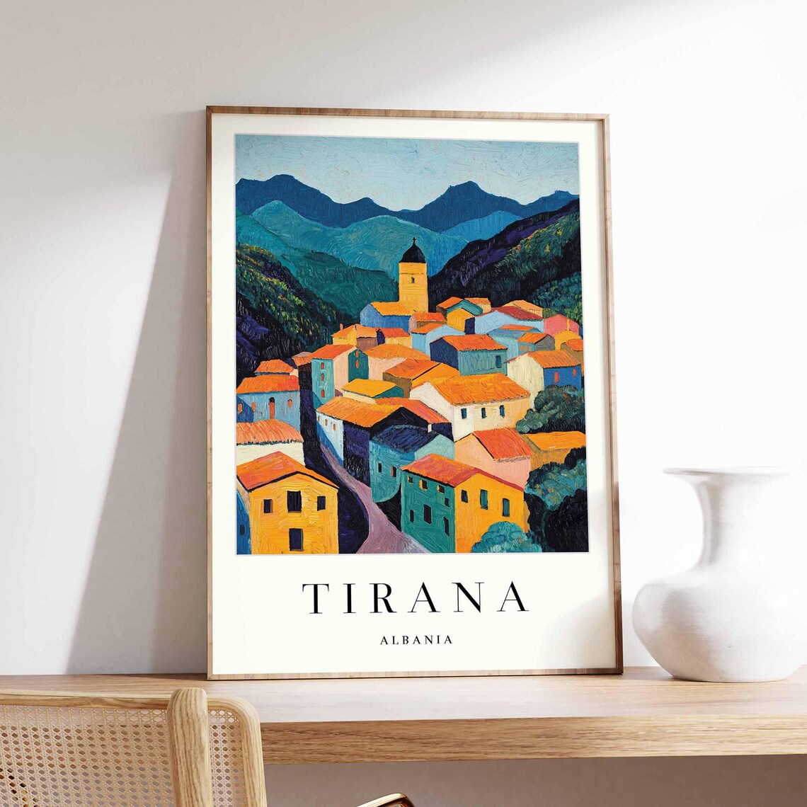 Tirana Albania Mountain Village Painted Panorama Scenic Art Poster