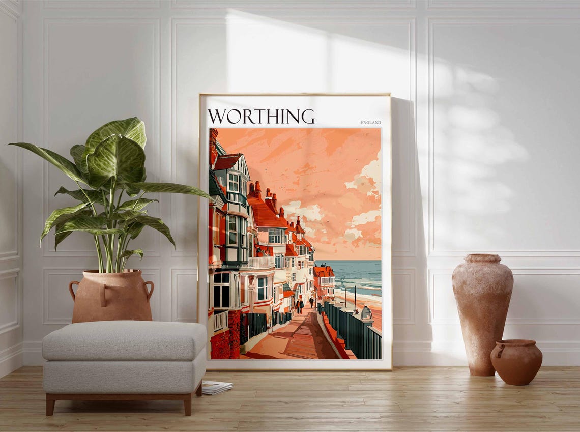 Worthing Poster Sussex Poster Uk Travel Poster Coastal Wall Art Uk Home Decor Worthing Travel Print Sussex Travel Print Worthing Art - Image 2