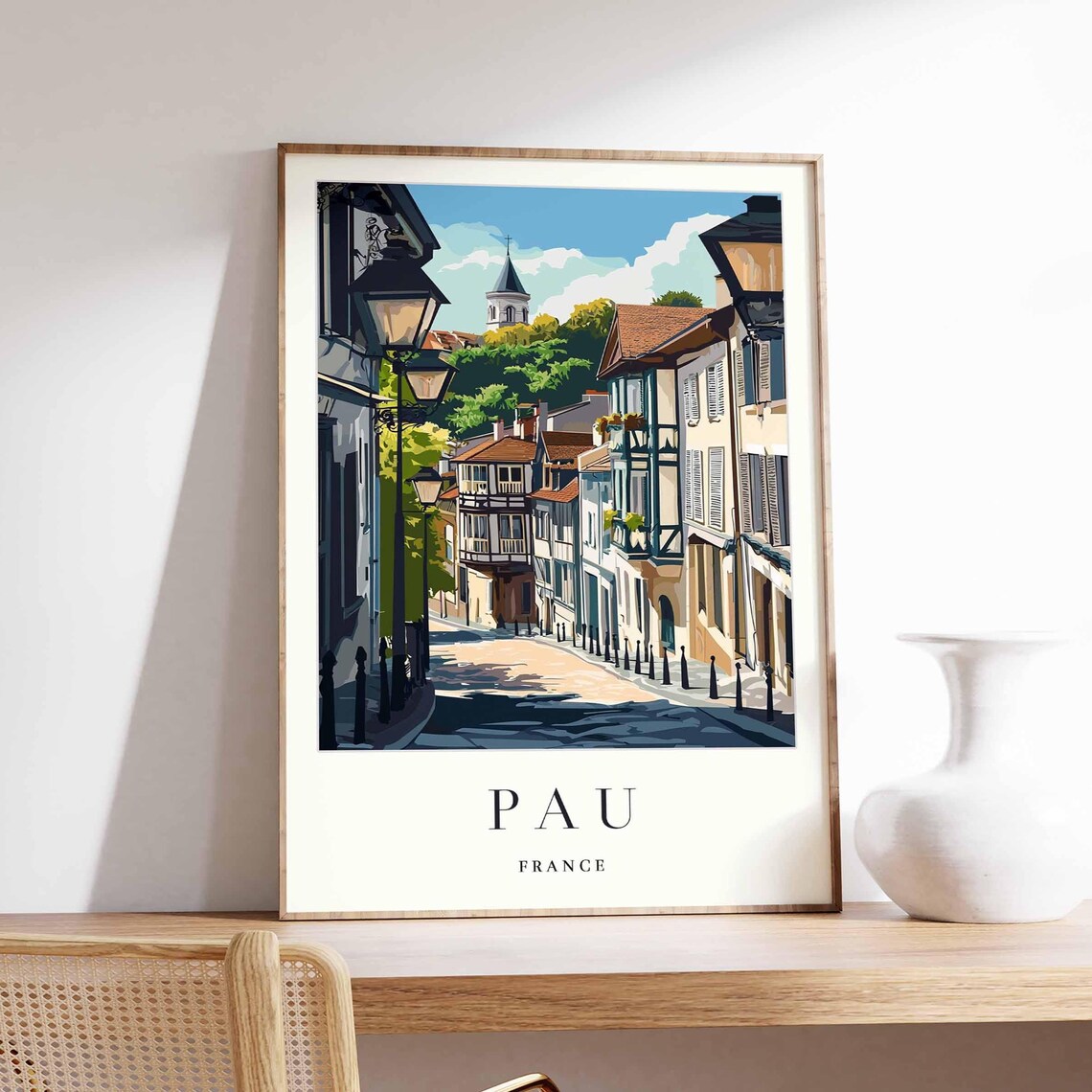 Pau France Old Town Cobblestone Street Lanterns Travel Art Poster