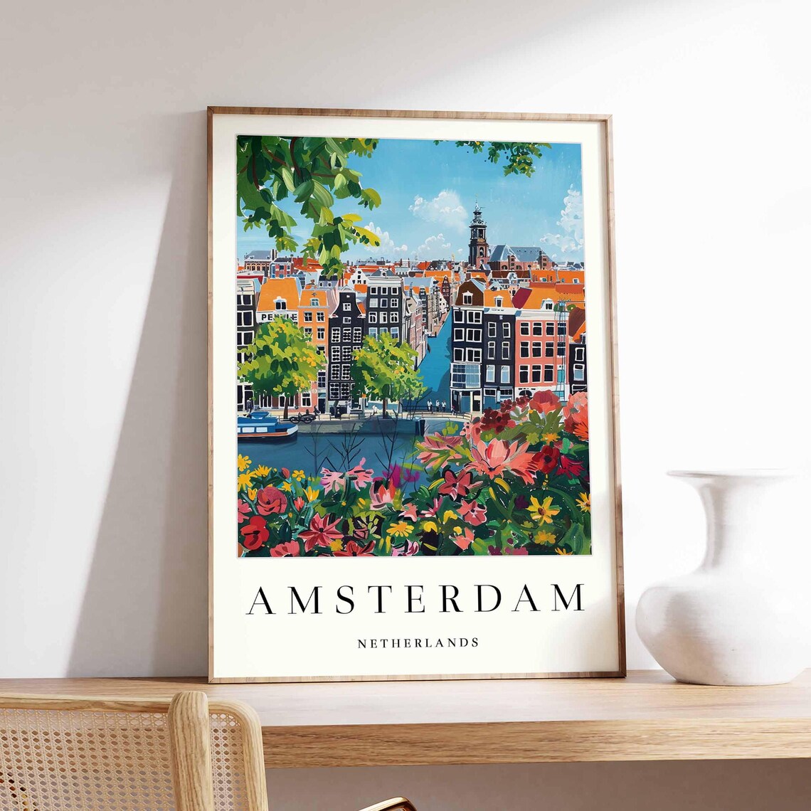 Amsterdam Netherlands Canal Houses and Flowers Travel Poster