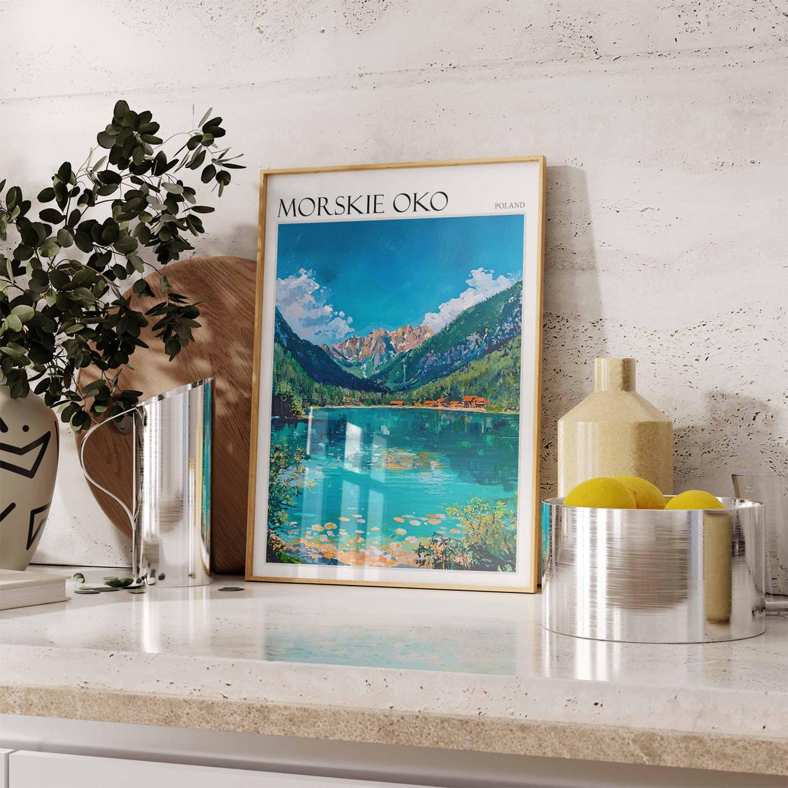 Morskie Oko Poland Turquoise Lake Panorama with Cabins Travel Poster - Image 2