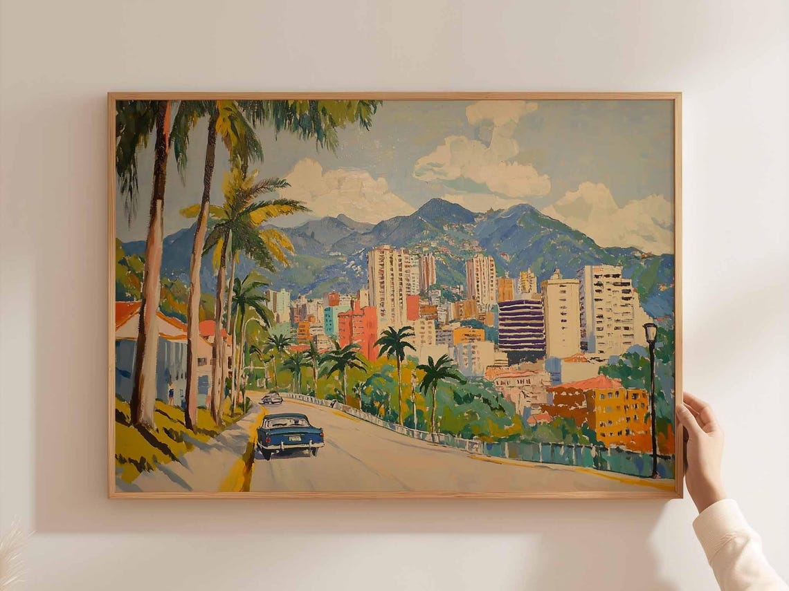 Caracas Palm Road City Skyline Mountains Classic Car Art Poster