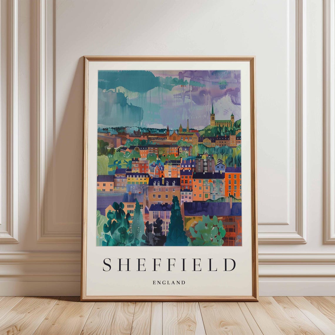 Sheffield England Orange Rooftops and Green Trees City View Poster - Image 3