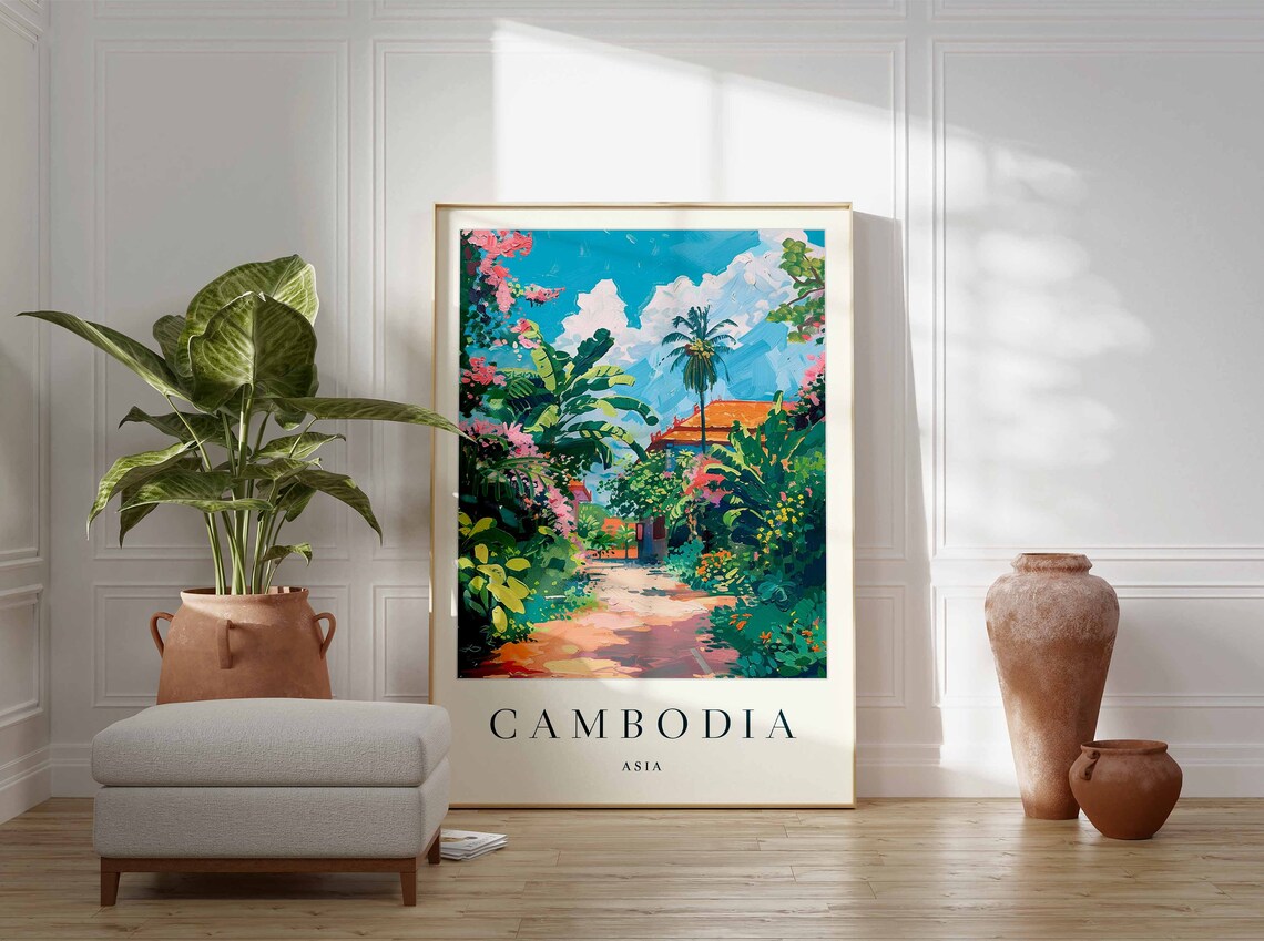 Cambodia Asia Lush Tropical Garden Path Painting Travel Poster - Image 3