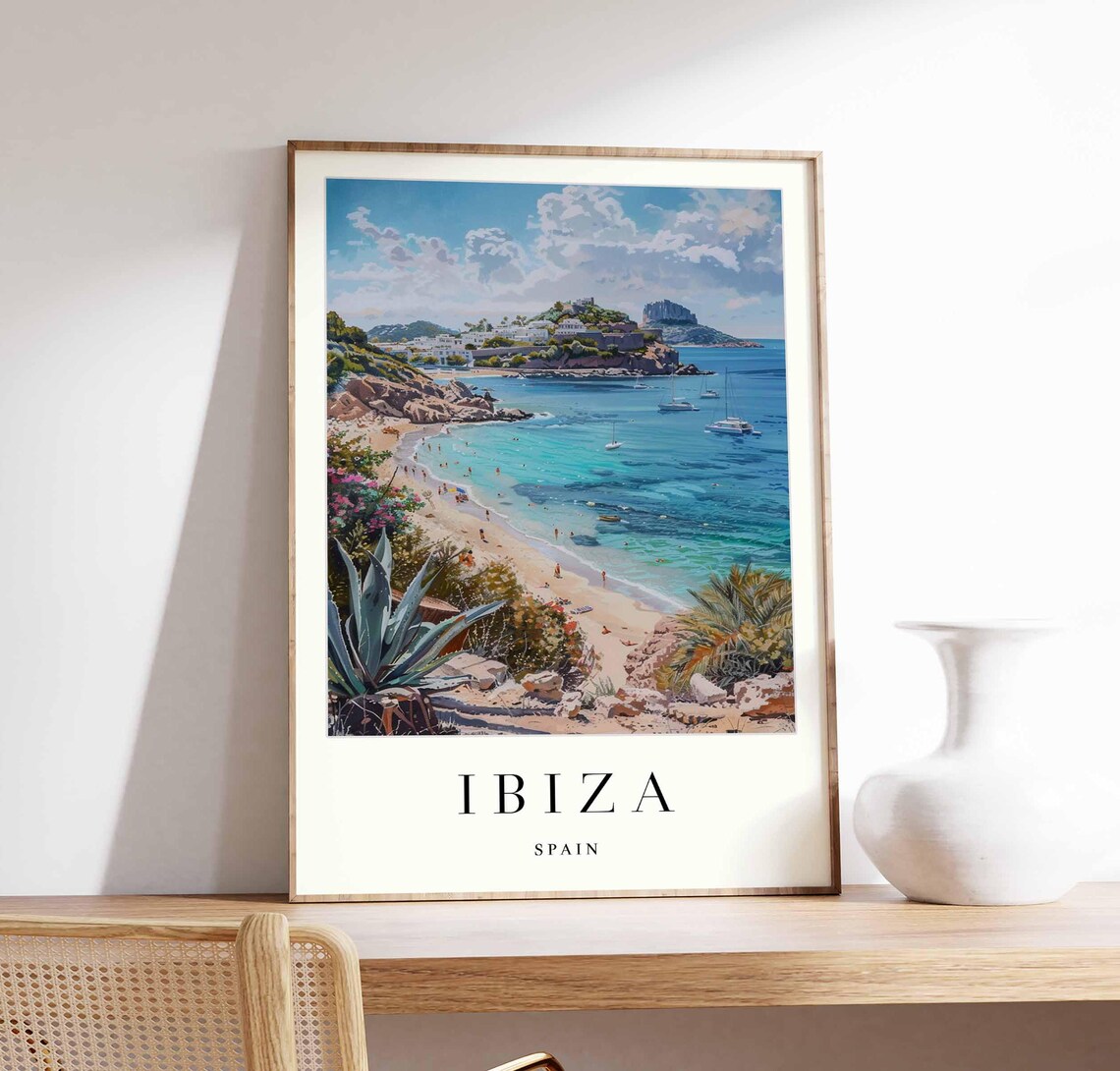 Ibiza Spain Turquoise Cove Beach Travel Poster Balearic Coast Art