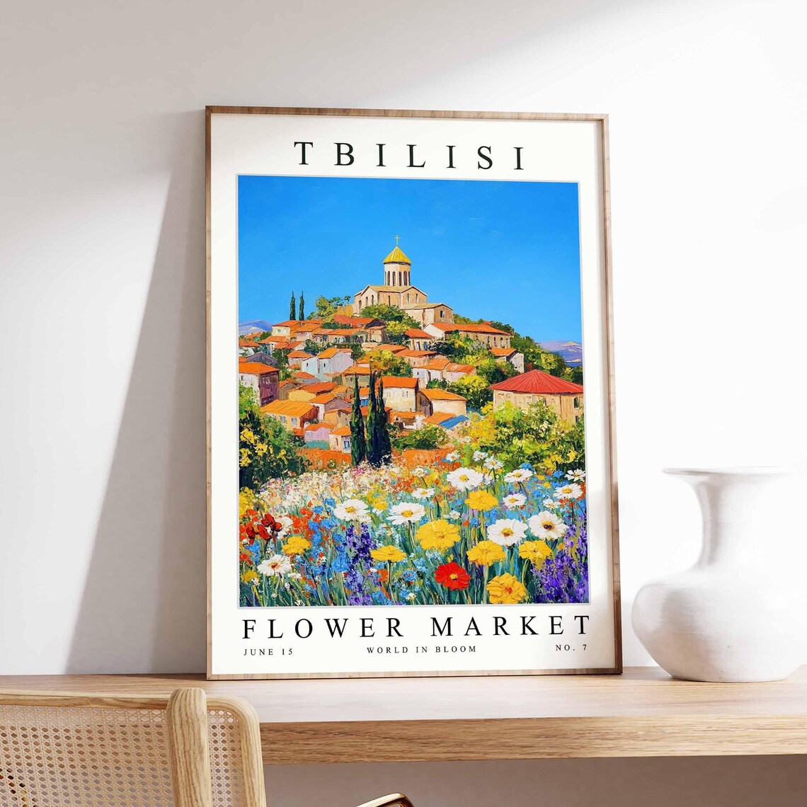 Tbilisi Flower Market Golden Dome Hill Village Daisy Art Poster
