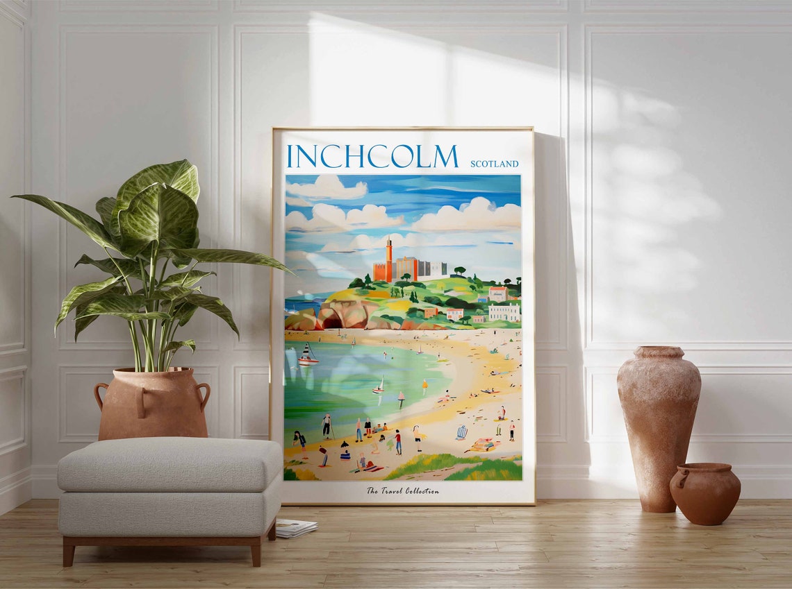 Inchcolm Scotland Castle Tower Seaside Beach Walkers Scene Poster - Image 3