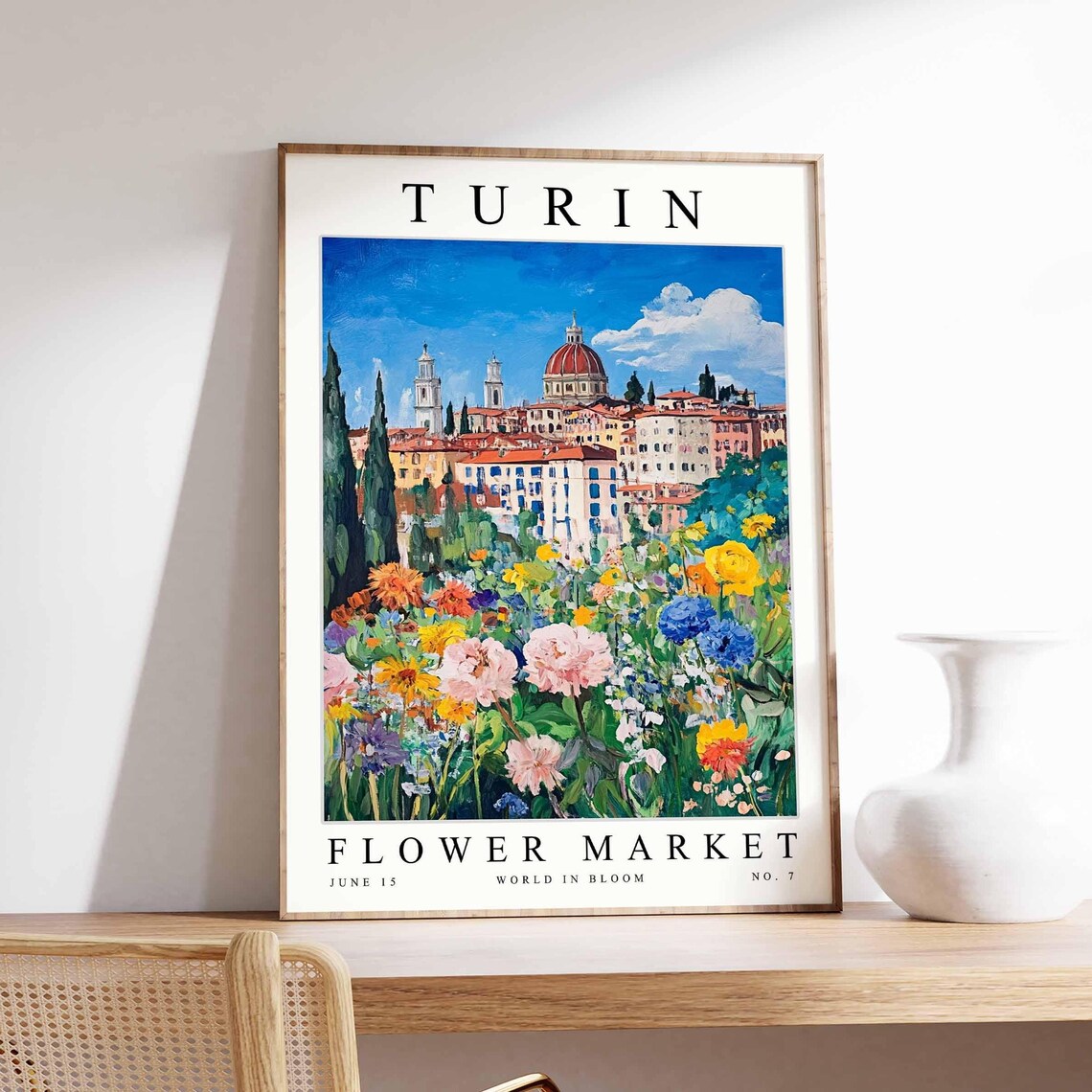 Turin Flower Market Wildflower Foreground City Domes Blue Sky Poster