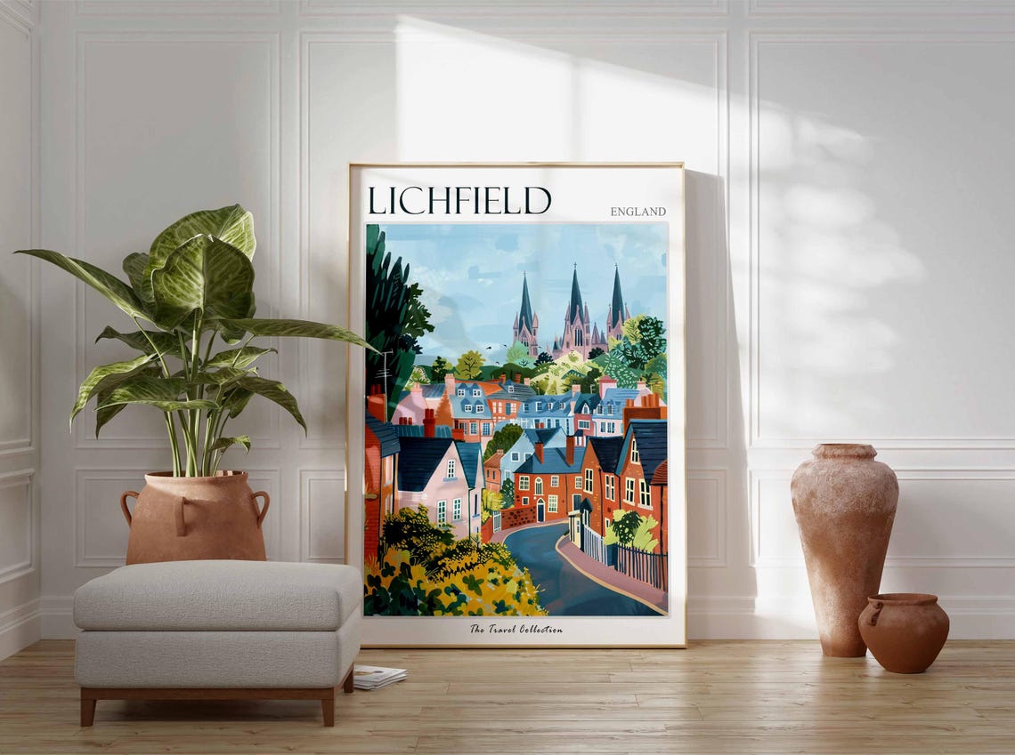 Lichfield England Three Spired Cathedral Town Summer Art Travel Poster - Image 2