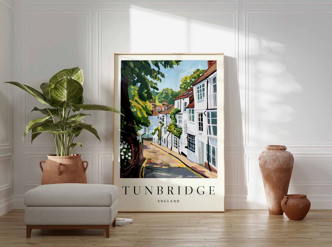 Tunbridge England White Cottage Street Leafy Lane Summer Travel Poster - Image 3