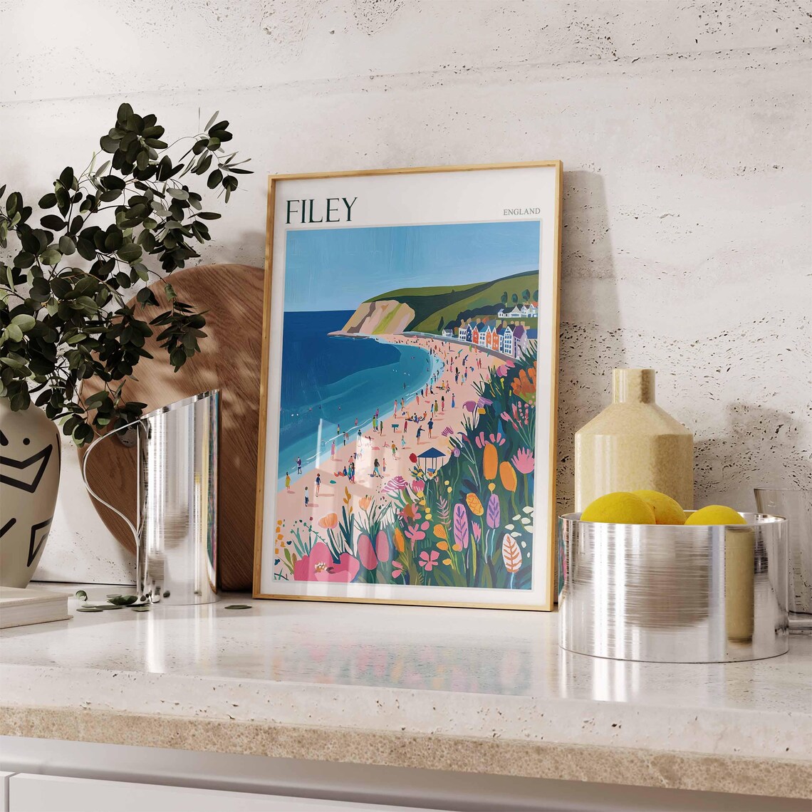 Filey England Crowded Beach Flowers Chalk Headland Illustration Poster - Image 2
