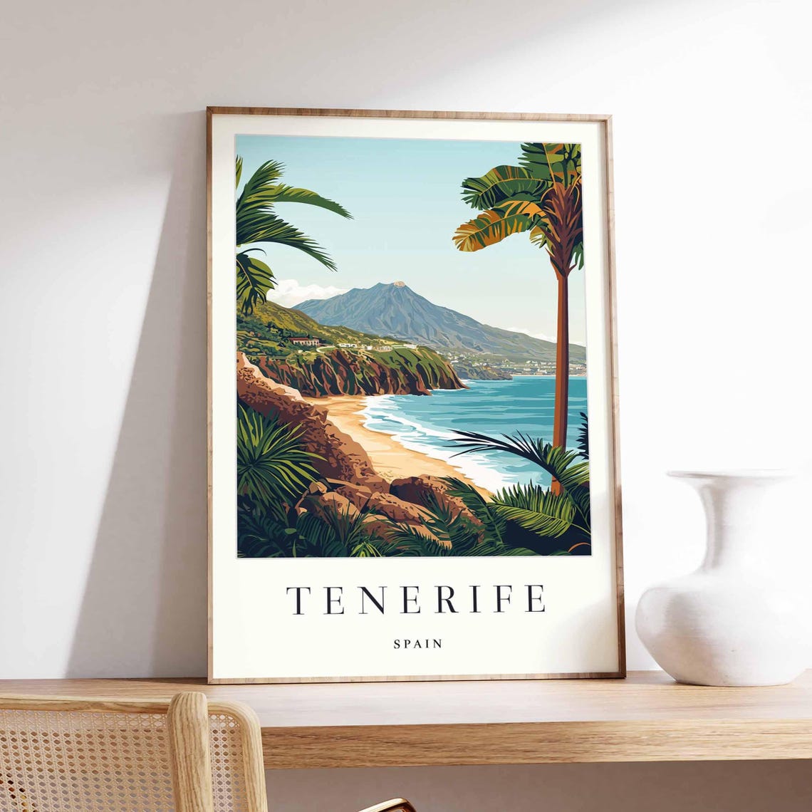 Tenerife Spain Palm Framed Tropical Beach Cove Volcano Poster