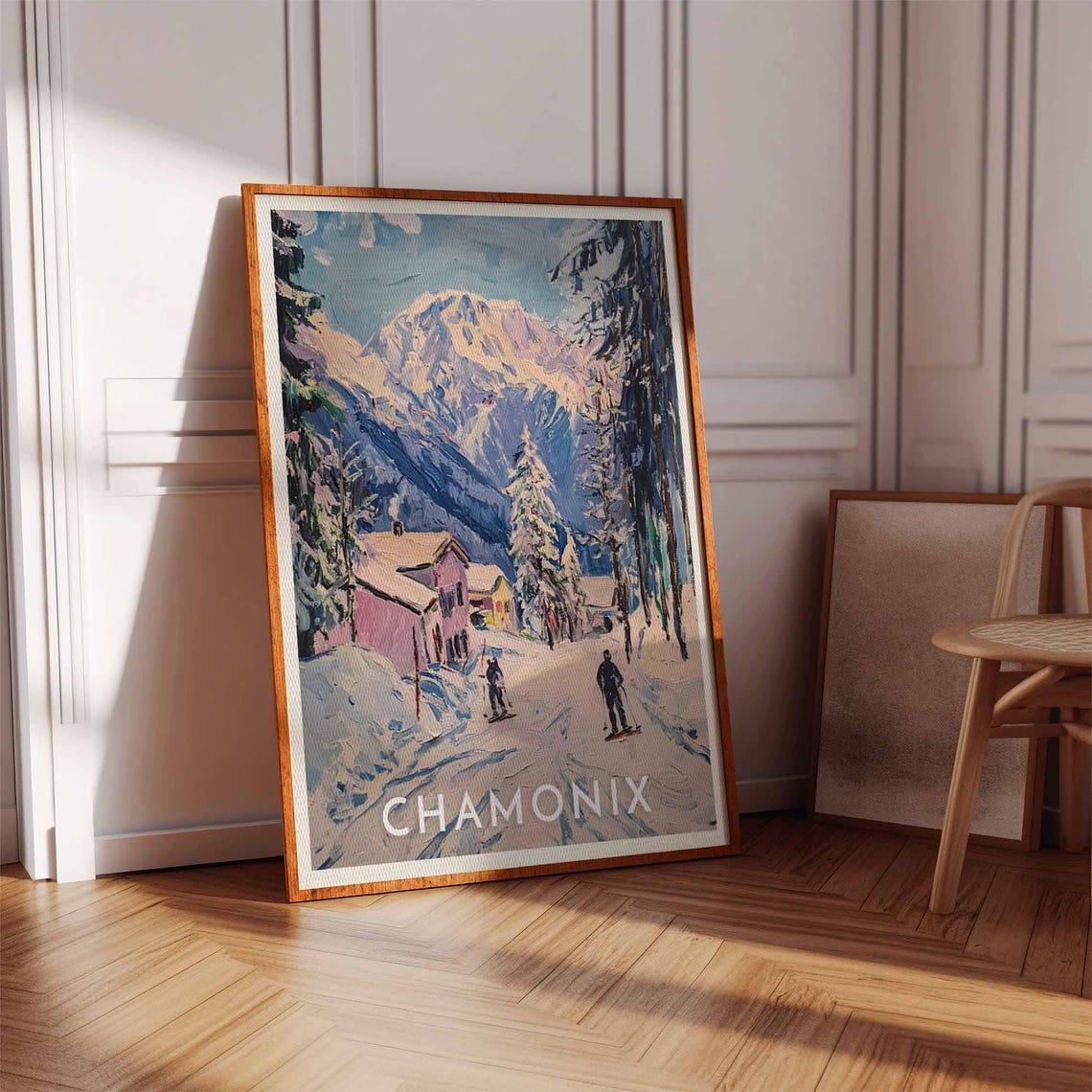 Chamonix Pastel Skiers Chalets Snowy Pines Mountain Peak Poster - Image 2