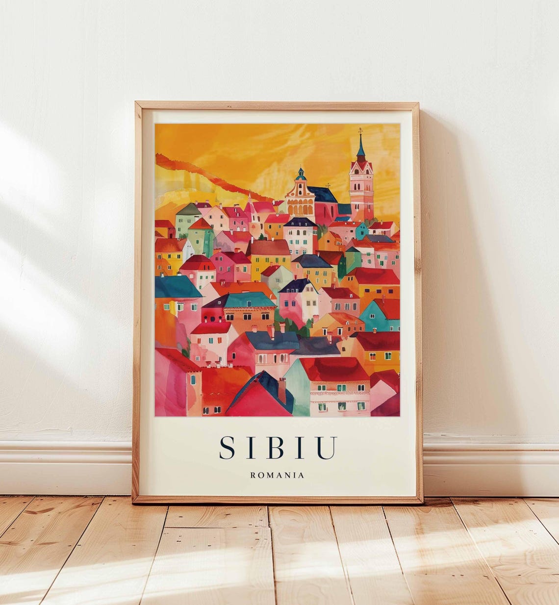 Sibiu Romania Sunset Rooftops Watercolor Cityscape Art Poster