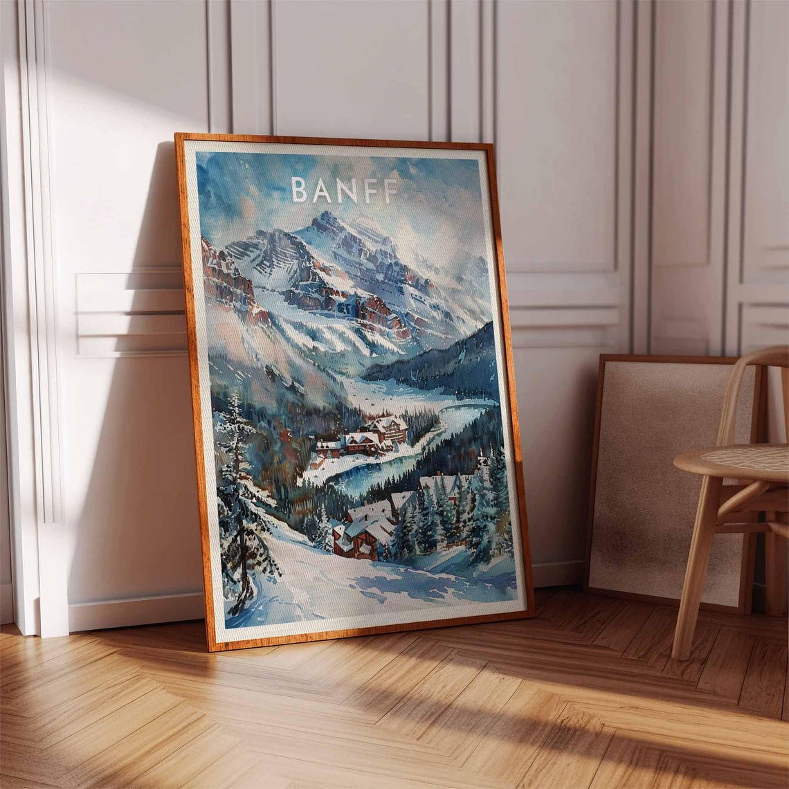 Banff Canada Watercolor Mountain Lodge Valley Scenic Art Poster - Image 2