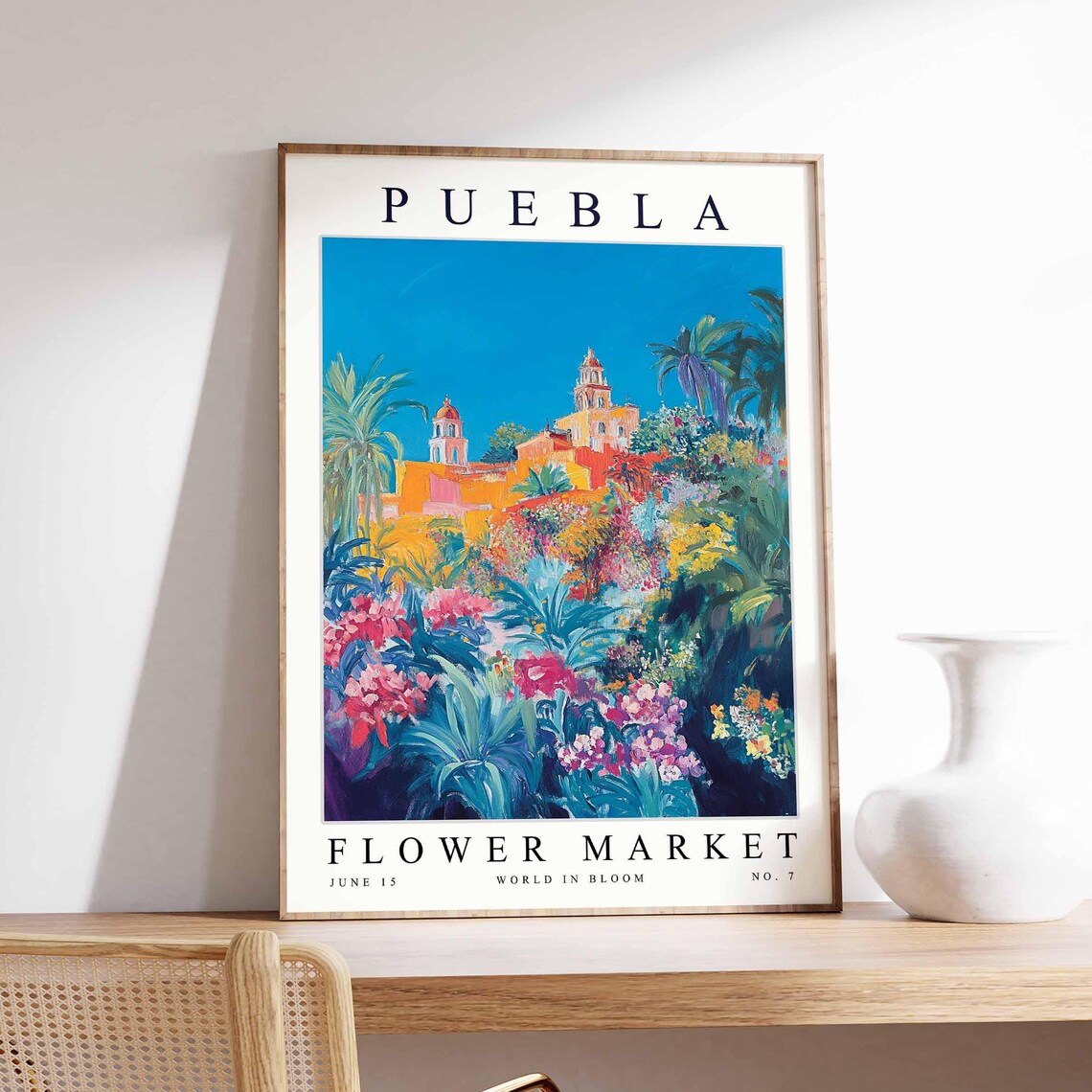 Puebla Mission Church Hilltop Tropical Flower Garden Travel Poster