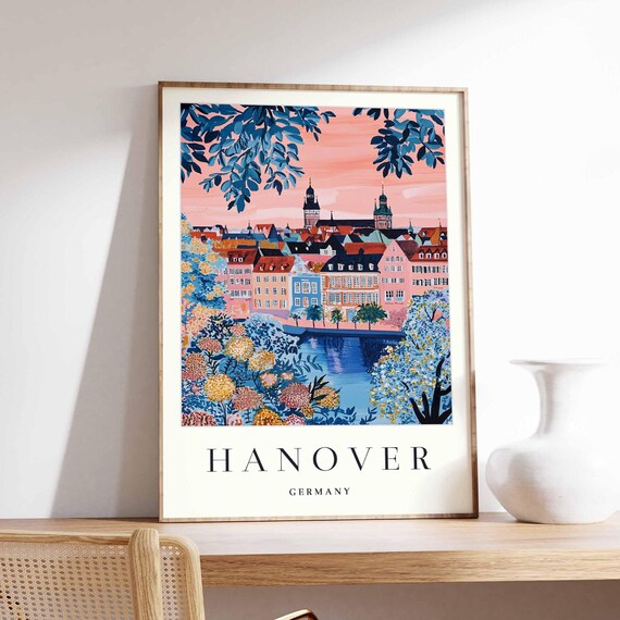 Hanover Germany Travel Colorful City Skyline River Illustration Poster