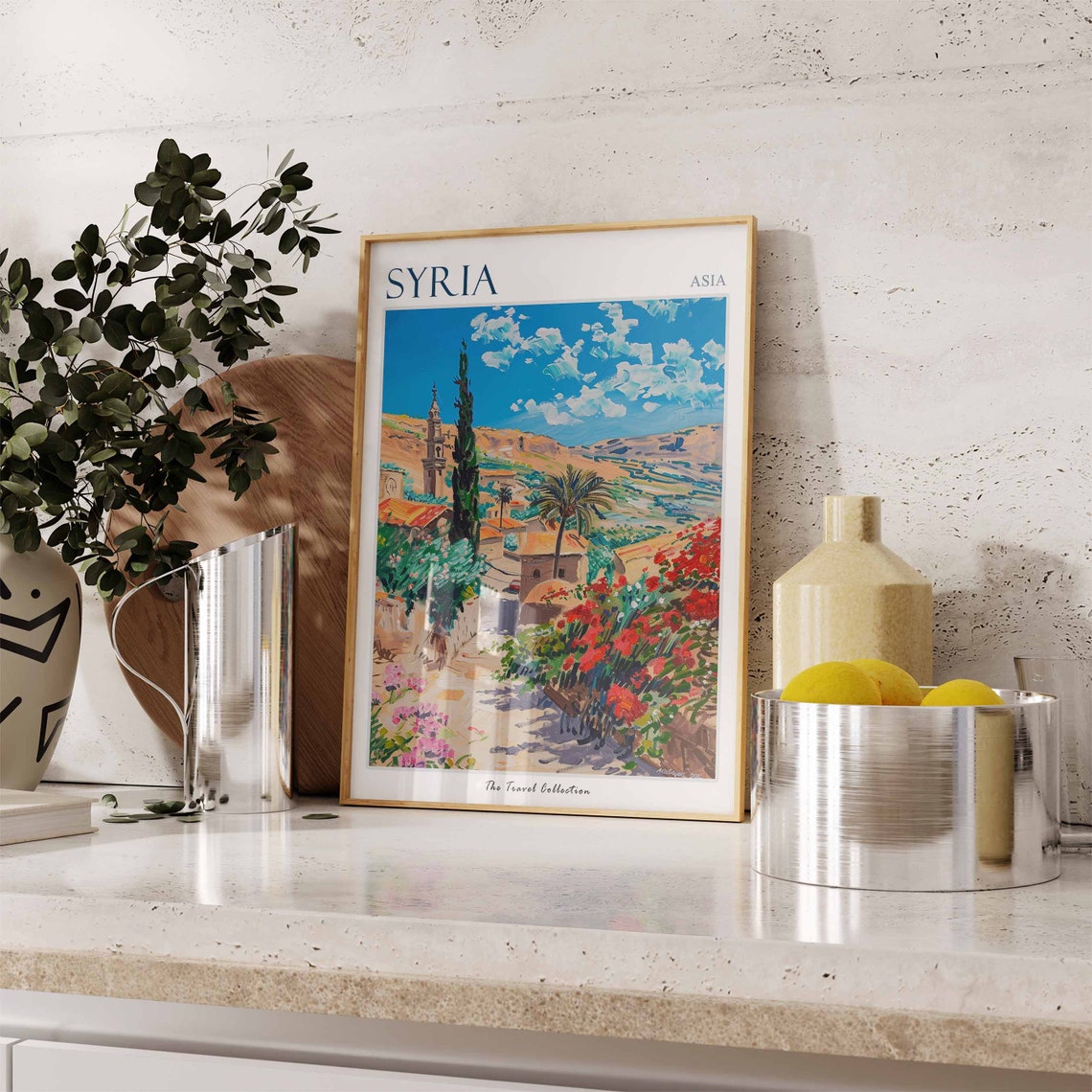 Syria Asia Old Stone Village Lane Cypress Red Blossom Poster - Image 3