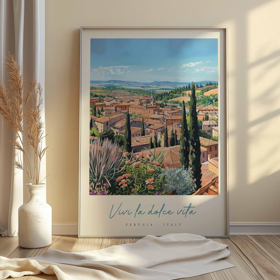 Perugia Italy Hill Town Panorama Cypress Flowers Travel Poster - Image 2