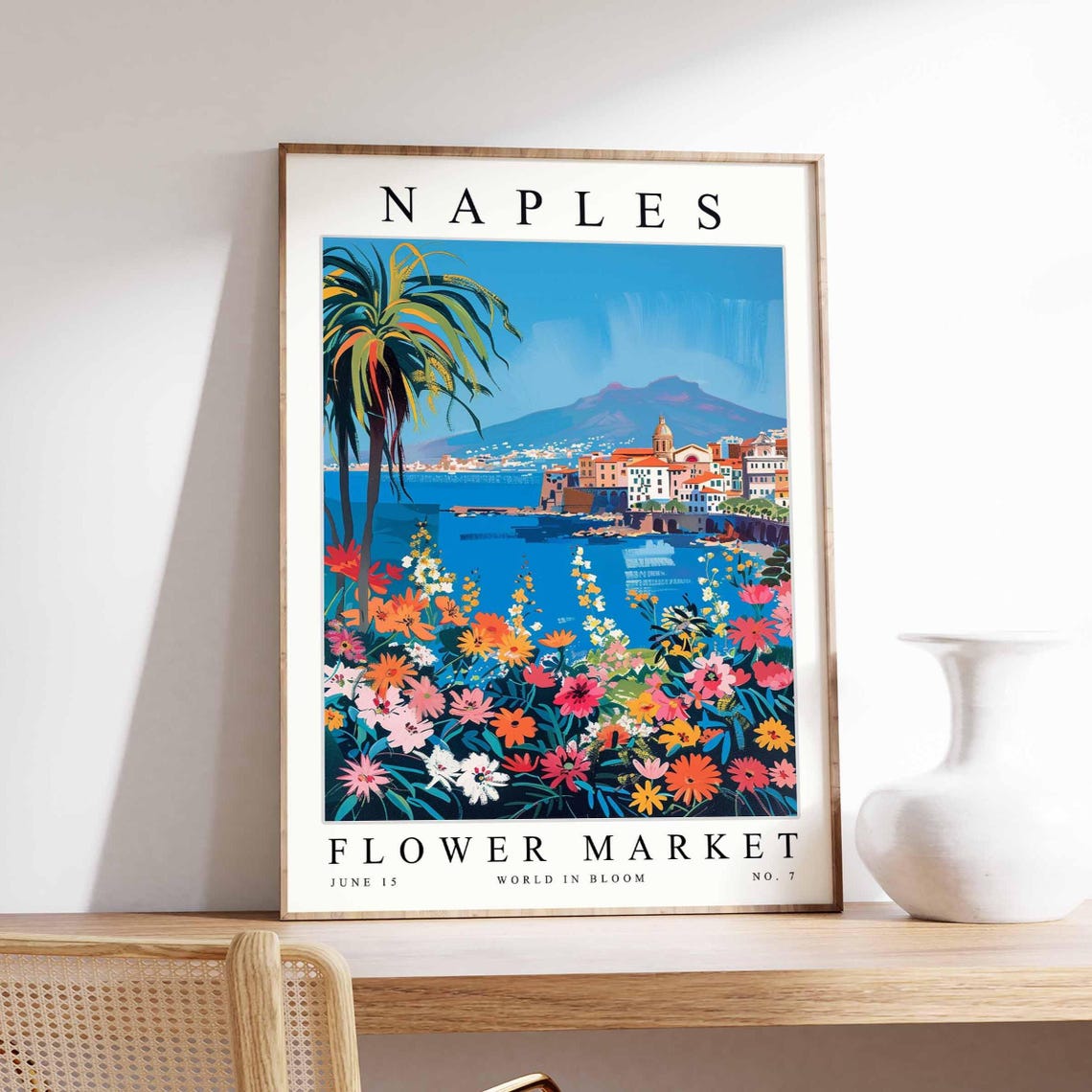 Naples Flower Market Palm Blue Bay Vintage Waterfront Town Poster