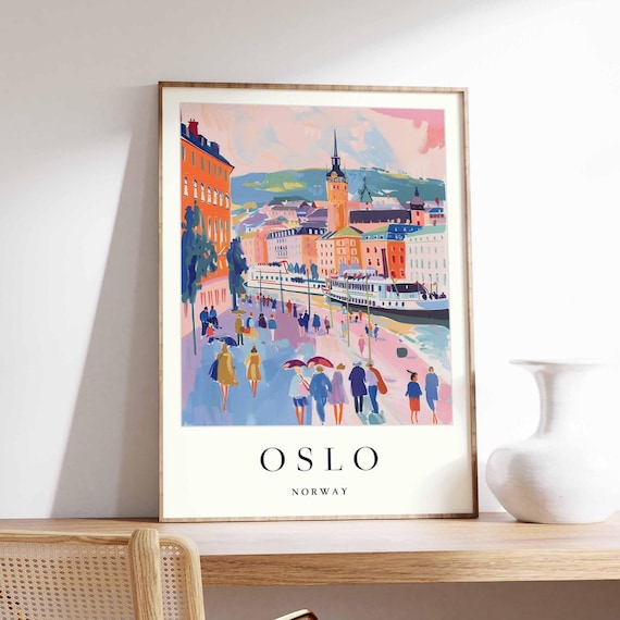 Oslo Norway Harbor Promenade Street Scene with Clock Tower Poster