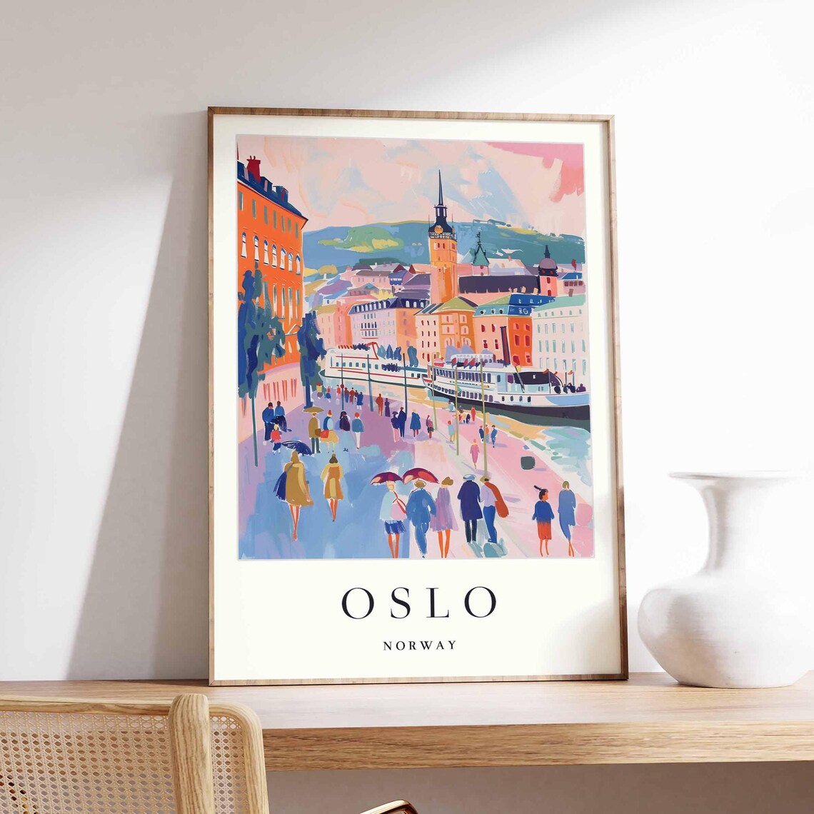 Oslo Norway Harbor Promenade Street Scene with Clock Tower Poster