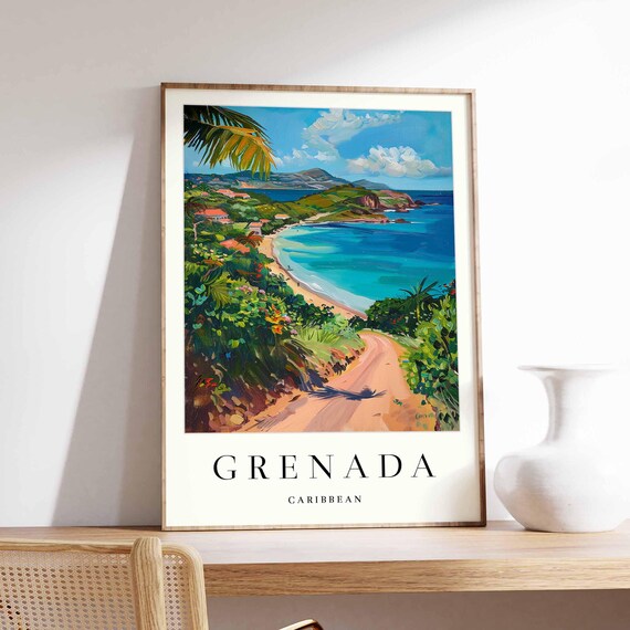 Grenada Poster Caribbean Travel Print Grand Anse Beach Spice Island Wall Art Tropical Decor Gift