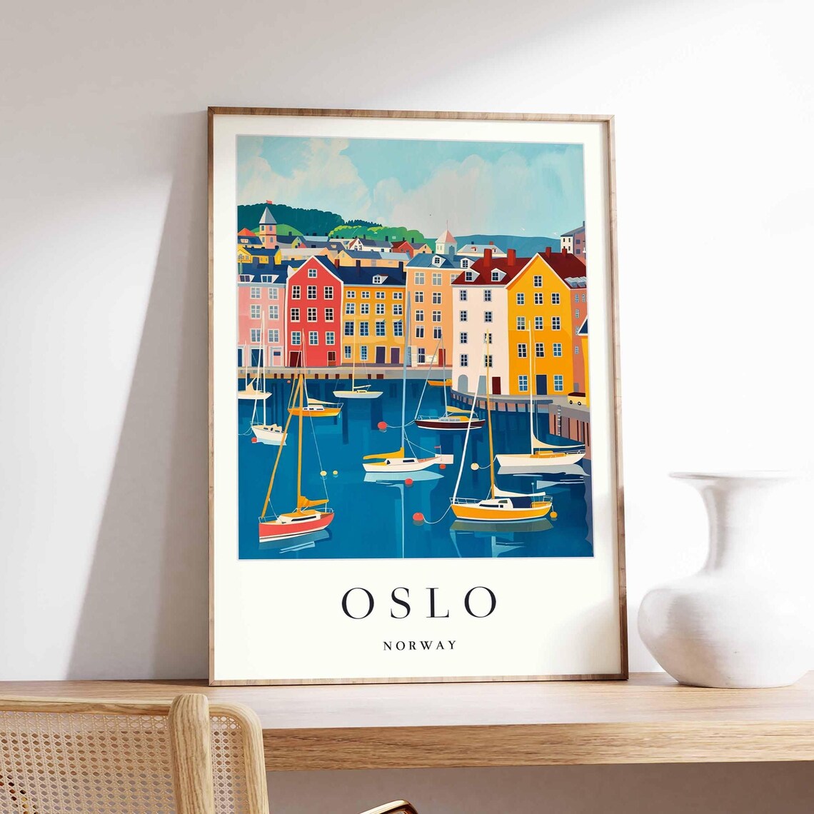 Oslo Norway Colorful Harbor Sailboats Waterfront Houses Poster