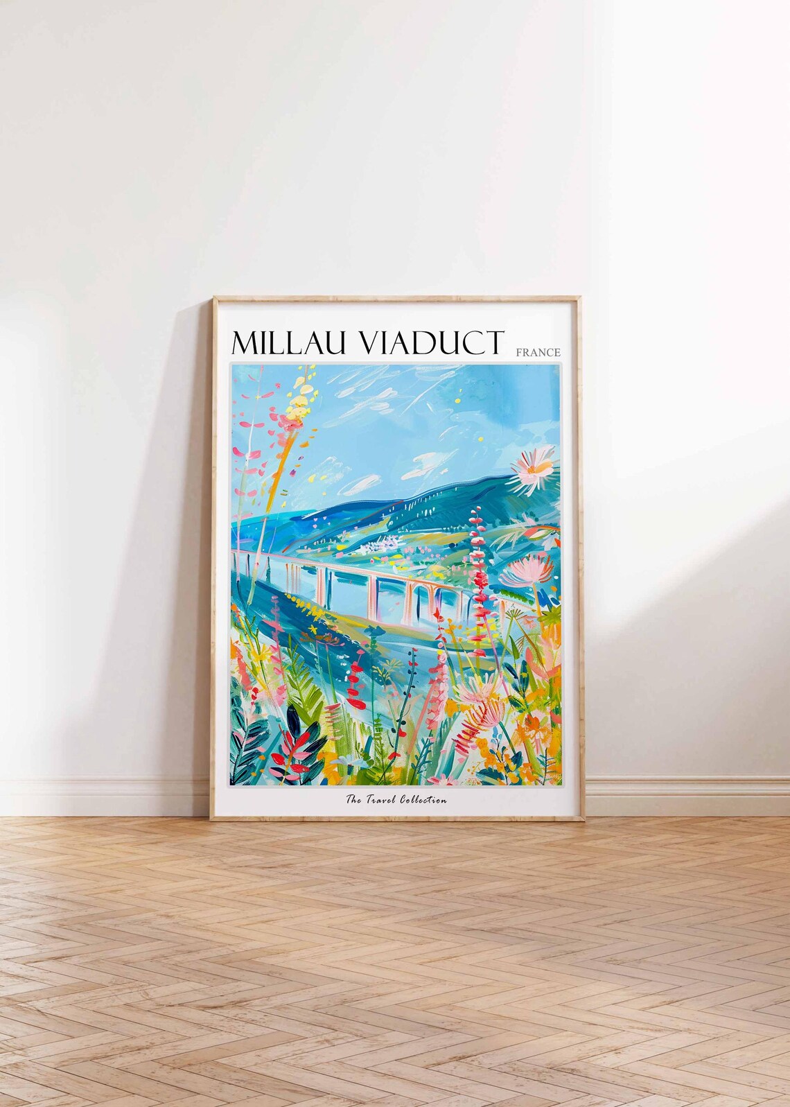 Millau Viaduct France Wildflower Meadow Valley Painting Travel Poster - Image 2