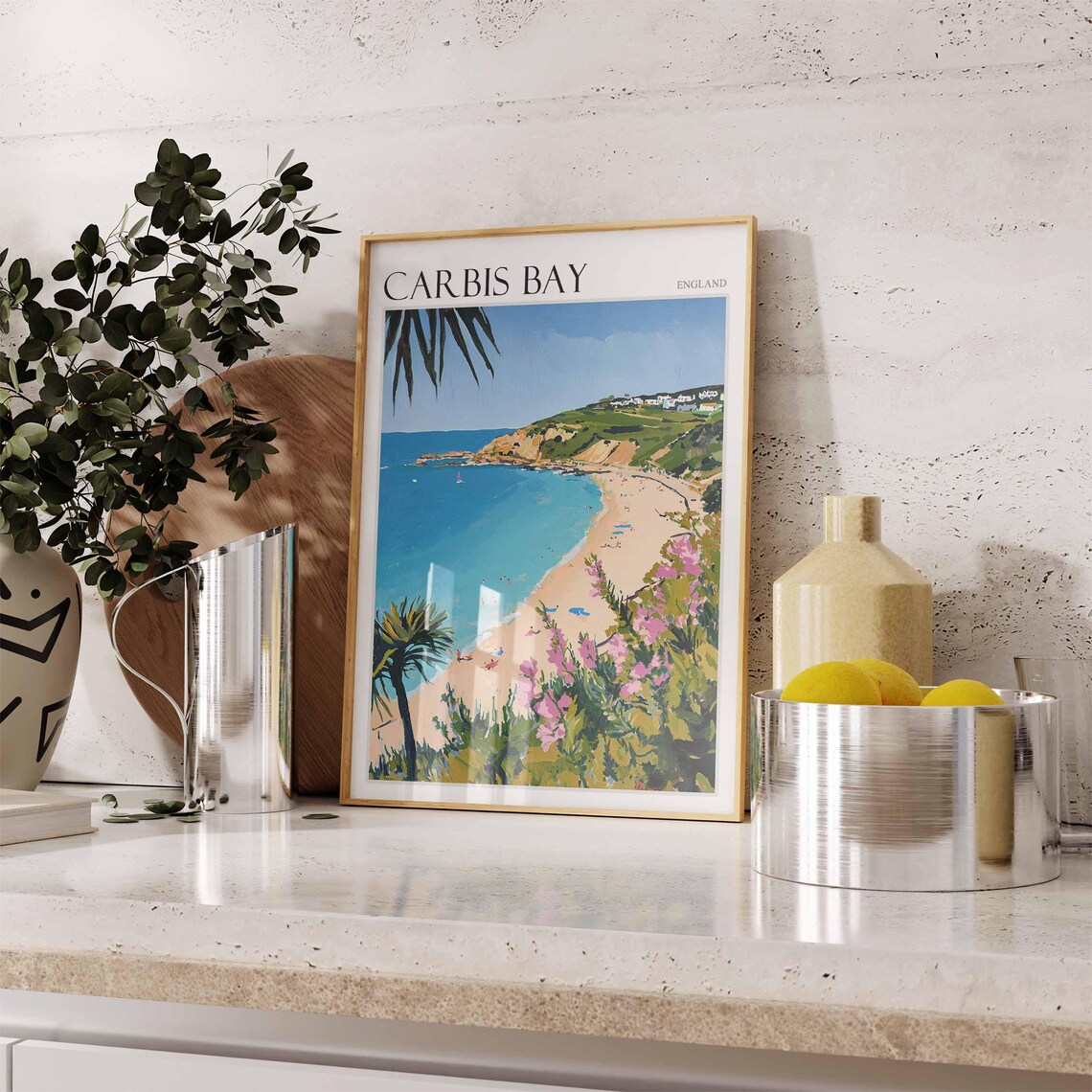 Carbis Bay England Palm Framed Beach Pink Flowers Coastal Travel Poster - Image 2