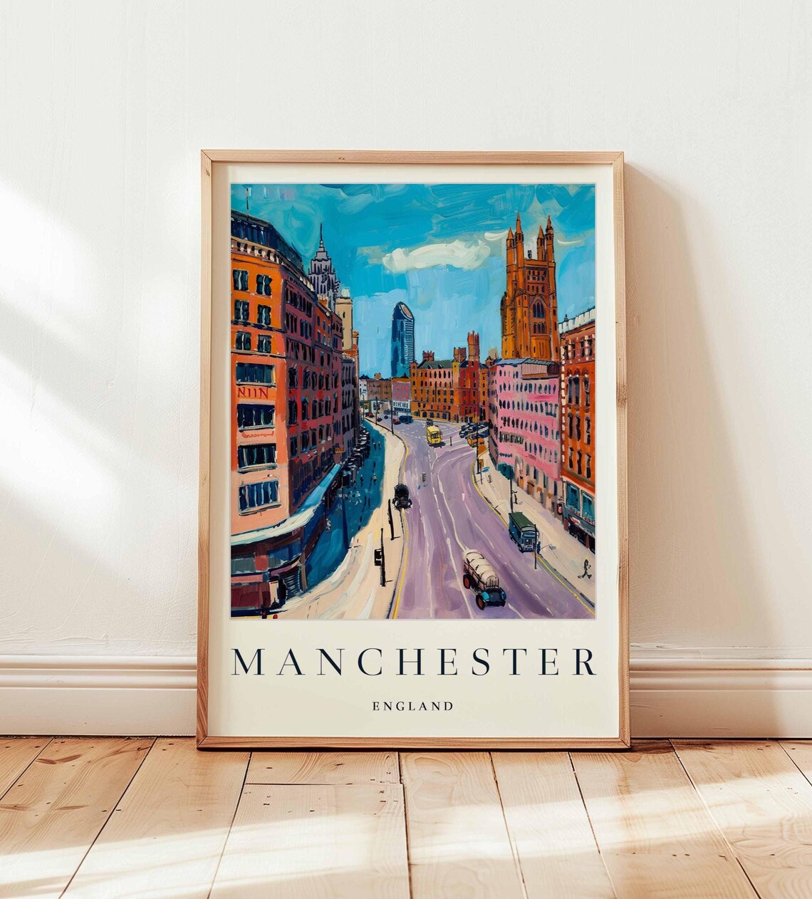 Manchester England Historic City Street Towers Art Travel Poster