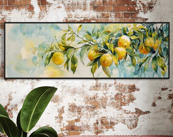 Colorful Lemon Branch Panoramic Wall Art Long Narrow Wall Art Print Lemon Tree Illustration For Cozy Kitchen Decor