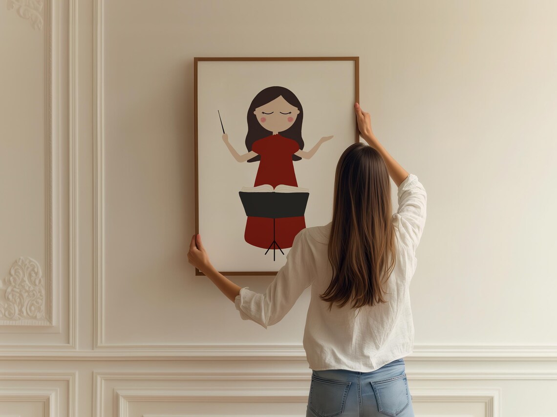 Girl Music Conductor Red Dress Baton Raised Score Music Room Poster - Image 2