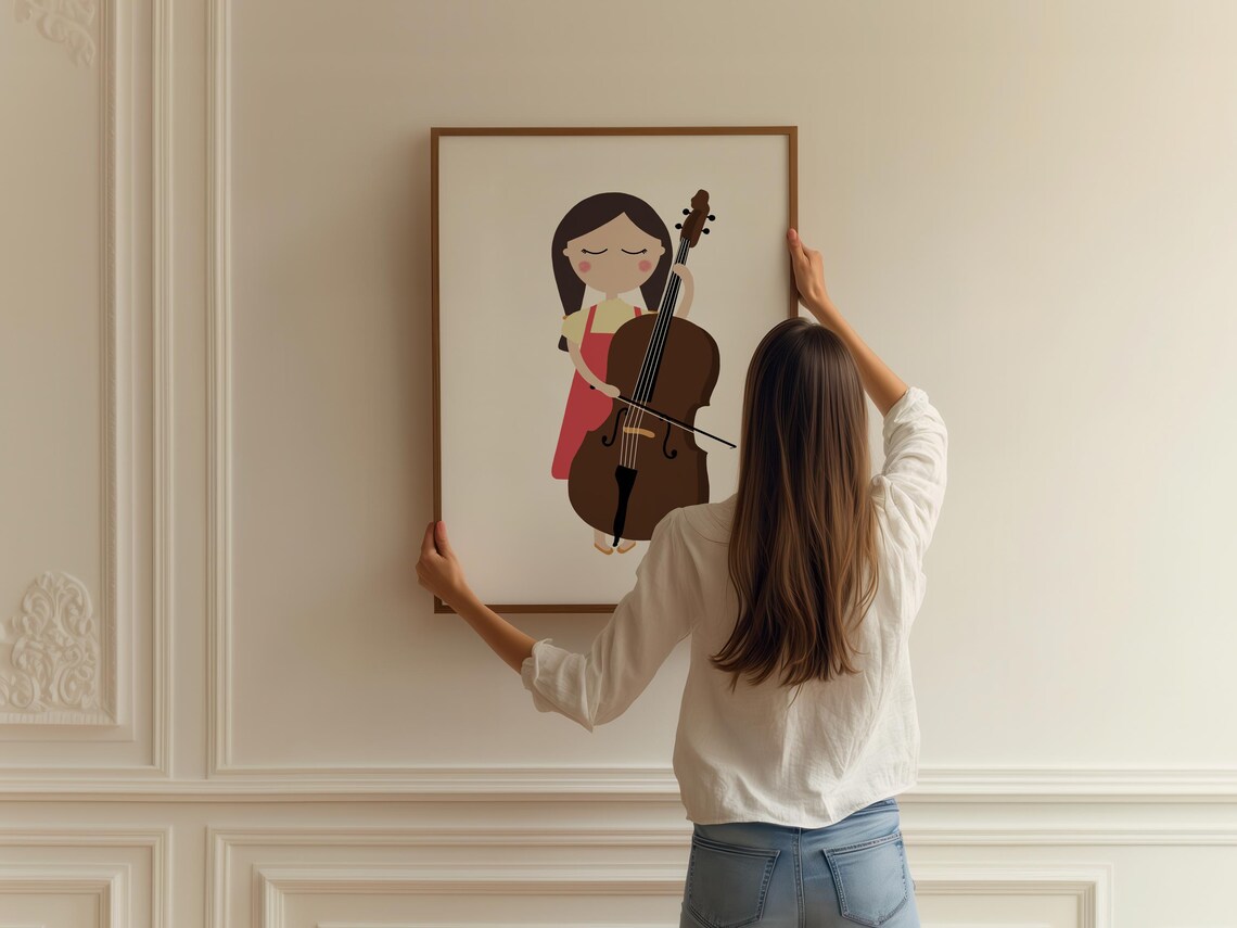 Girl Playing Double Bass Brown Instrument Kids Music Classroom Art Poster - Image 2