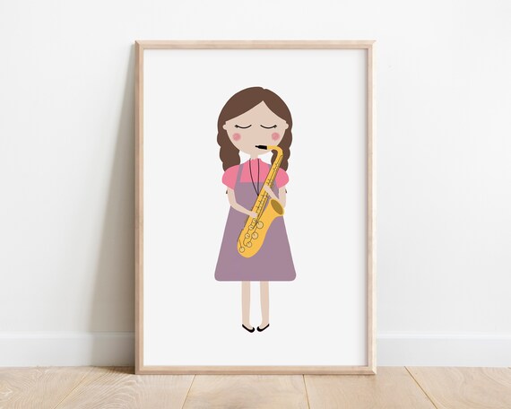Girl Playing Golden Saxophone Pink Dress Kids Music Instrument Art Poster