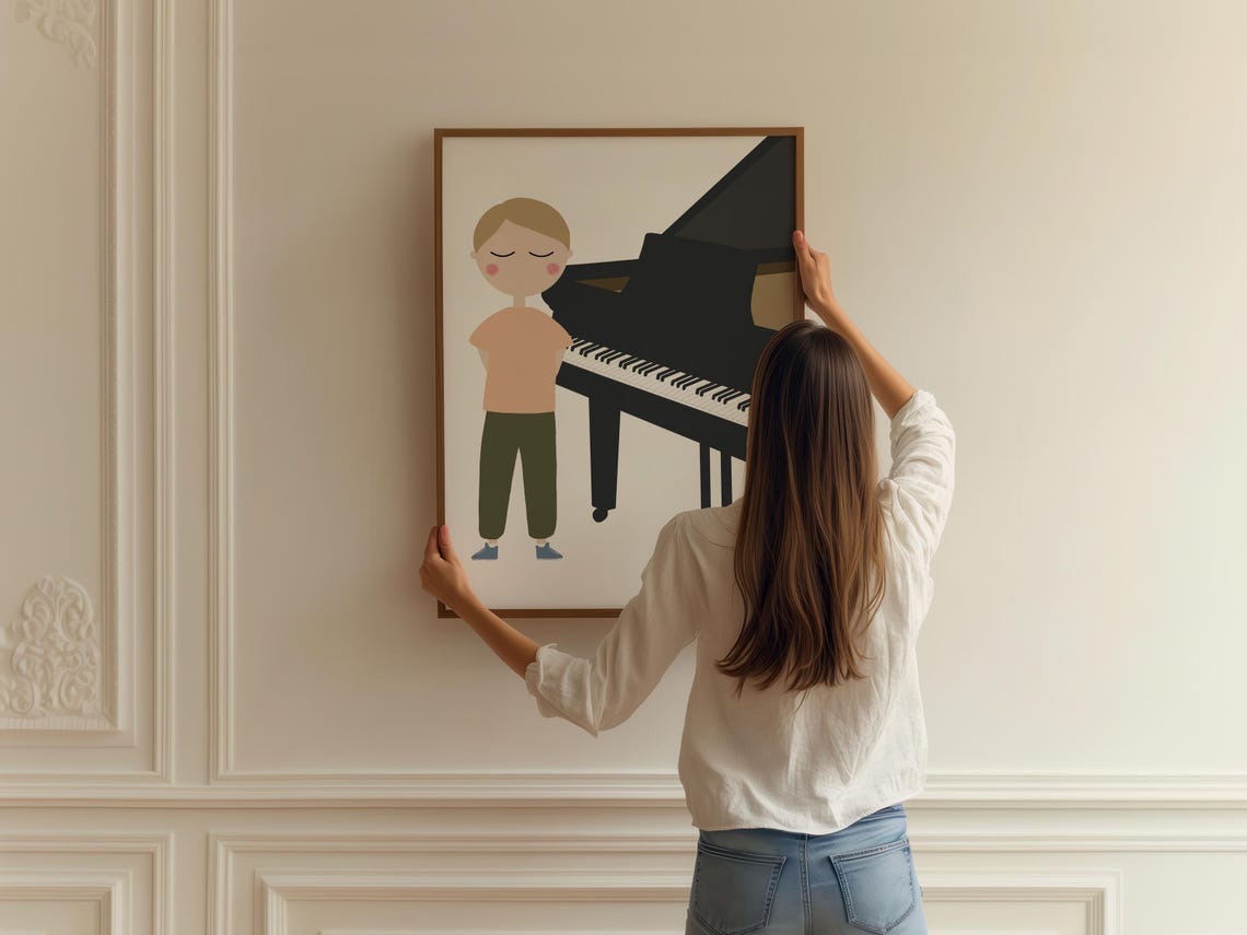 Boy Standing Beside Grand Piano Kids Piano Music Nursery Art Poster - Image 2