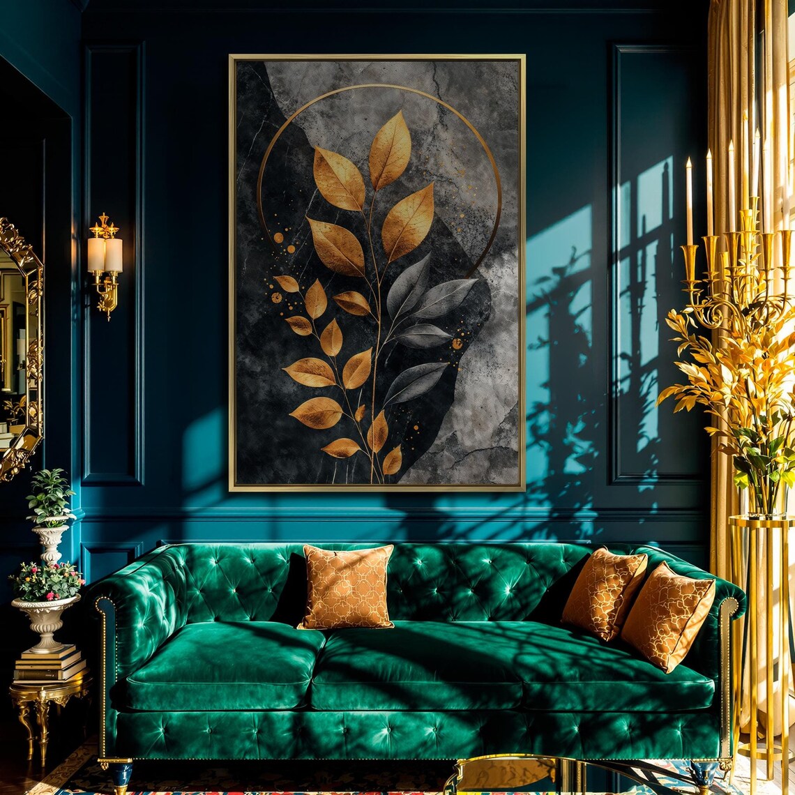 Golden Leaves Black Marble Circle Gothic Botanical Luxury Art Poster