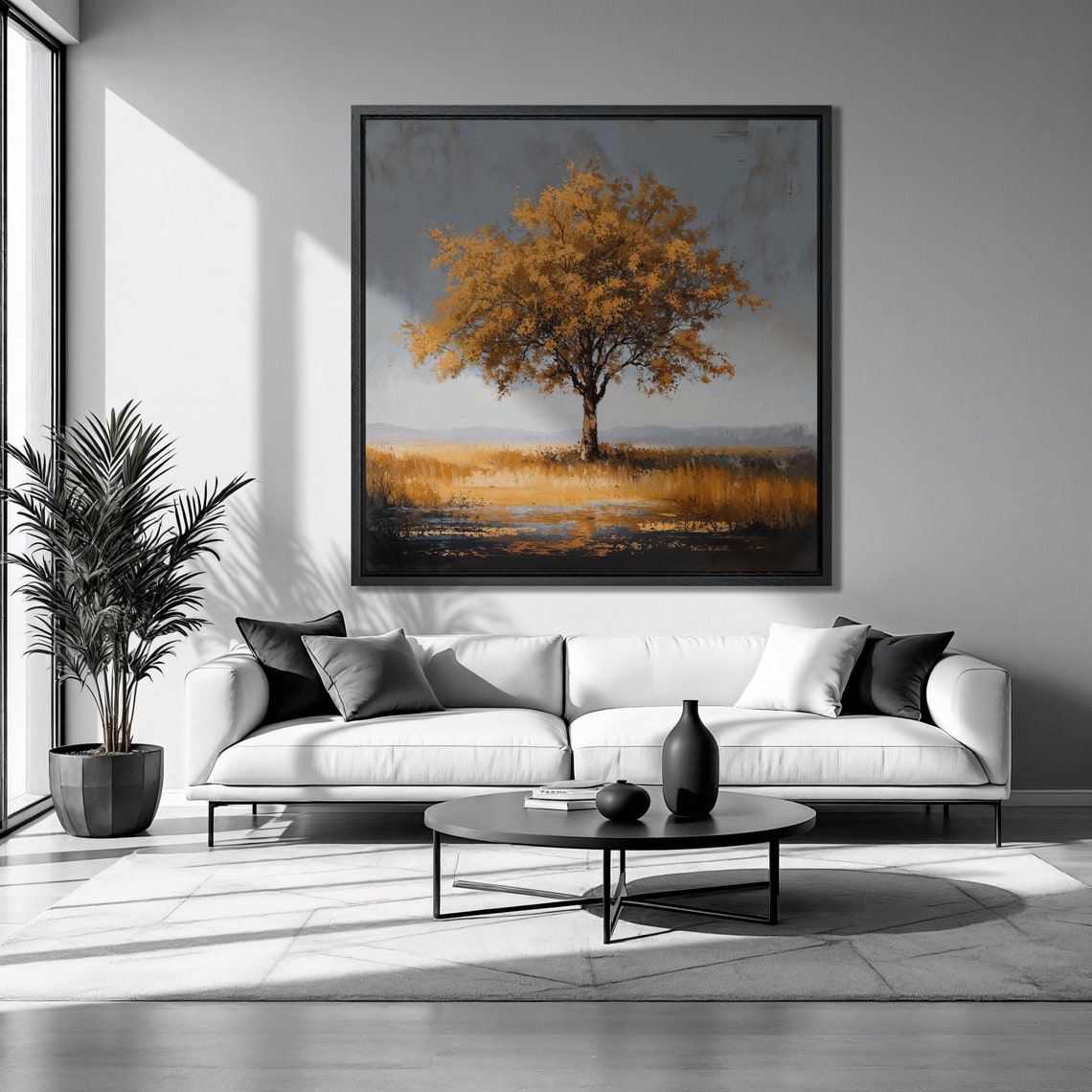 Lone Golden Autumn Tree Open Field Misty Gray Sky Rustic Poster