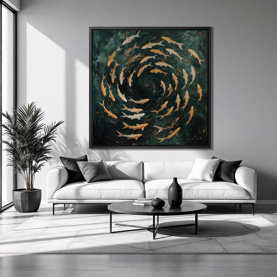 Koi Fish Swimming Spiral Framed Print Underwater Animal Luxury Art Goldfish Painting Print Japanese Style Decor Ready To Hang