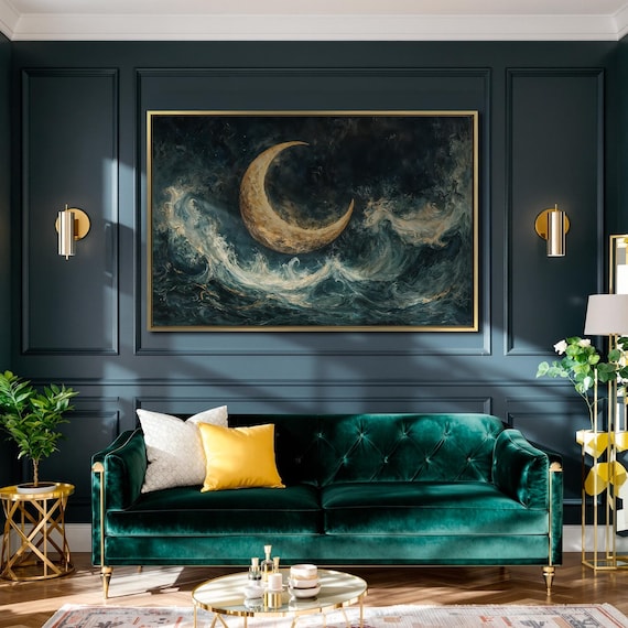Golden Crescent Moon Ocean Waves Night Seascape Dark Moody Art Poster