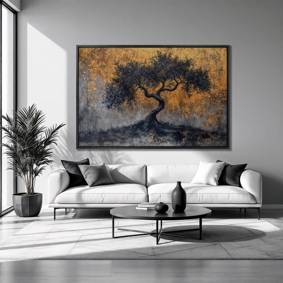 Black Bonsai Tree Framed Print Abstract Gold Luxury Art Japanese Nature Painting Print Zen Poster Harmony Decor Ready To Hang