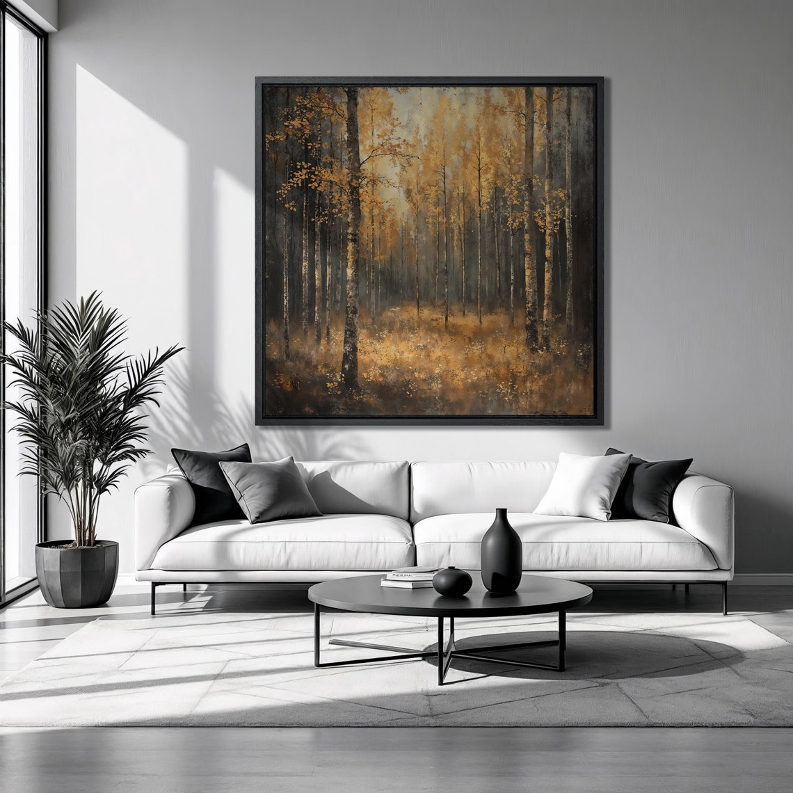 Dense Golden Forest Amber Meadow Dark Trunks Square Nature Poster