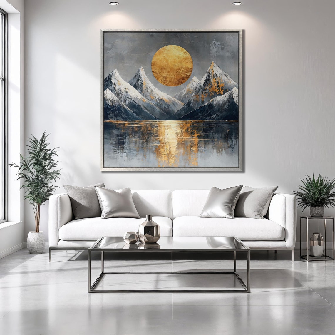 Golden Full Moon Snowy Mountain Lake Reflection Luxury Abstract Poster