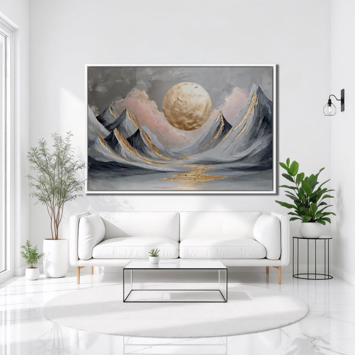 Golden Moon Snowy Peaks Pink Clouds River Luxury Landscape Poster