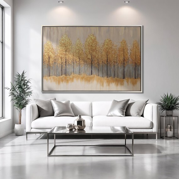 Golden Forest Landscape Framed Print Panoramic Nature Luxury Art Gold Trees Painting Print Abstract Decor Gift Ready To Hang