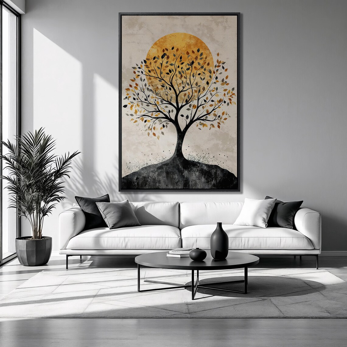 Black Tree of Life Golden Sun Autumn Leaves Nature Painting Poster
