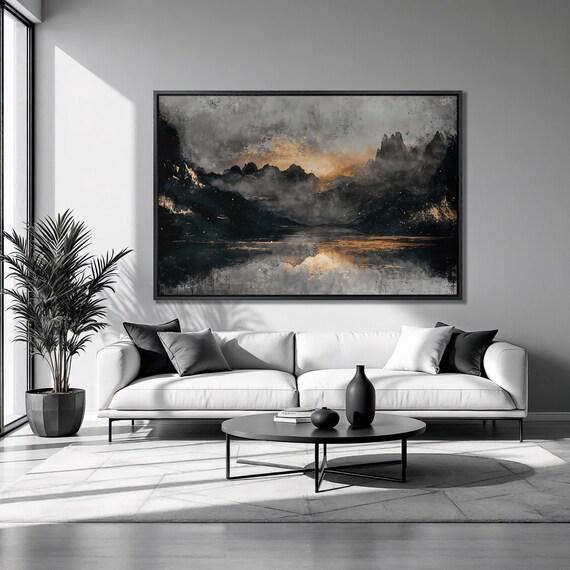 Dark Misty Mountain Lake Golden Sunset Glow Abstract Landscape Poster