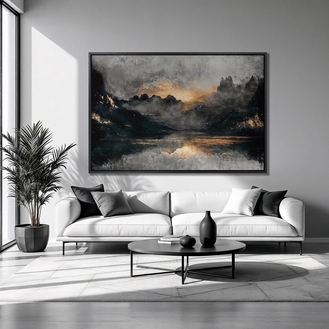 Dark Misty Mountain Lake Golden Sunset Glow Abstract Landscape Poster