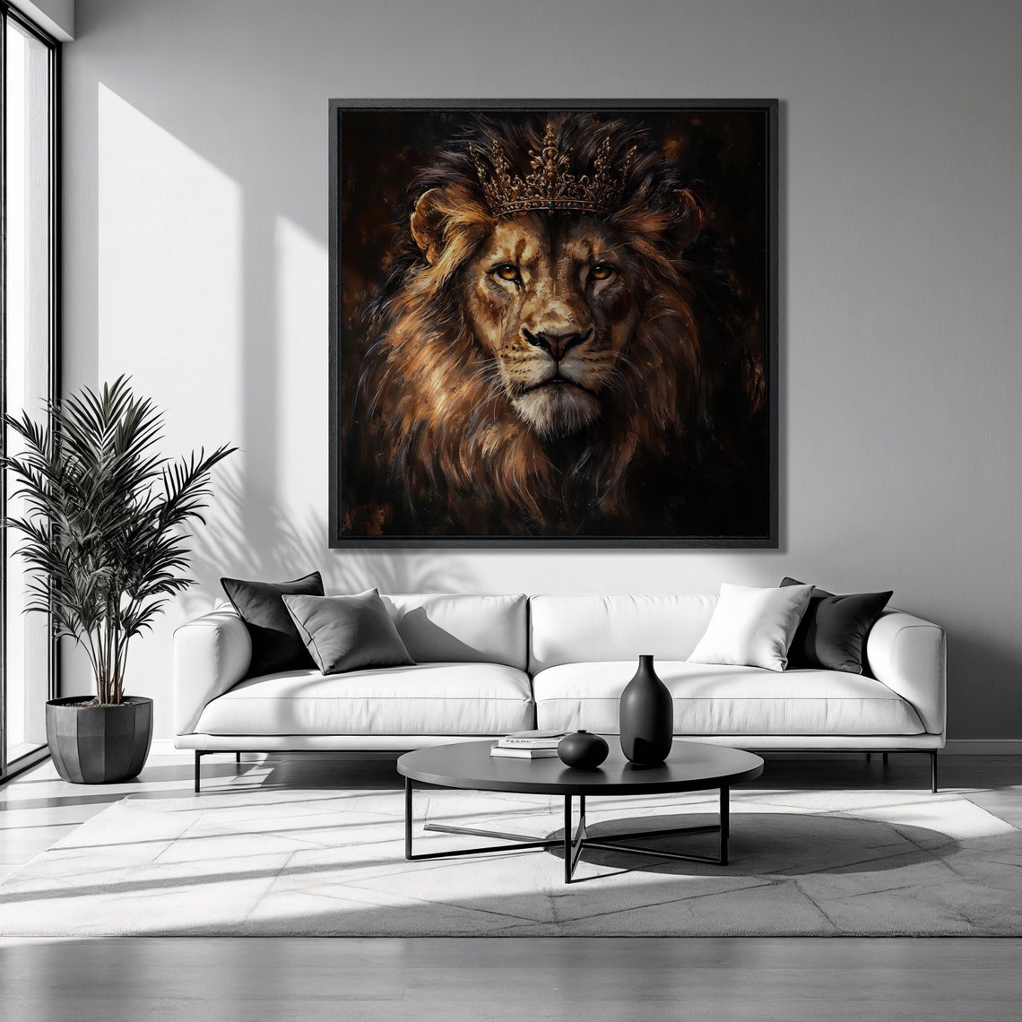 Regal Lion Golden Crown Portrait Dark Background Square Animal Poster