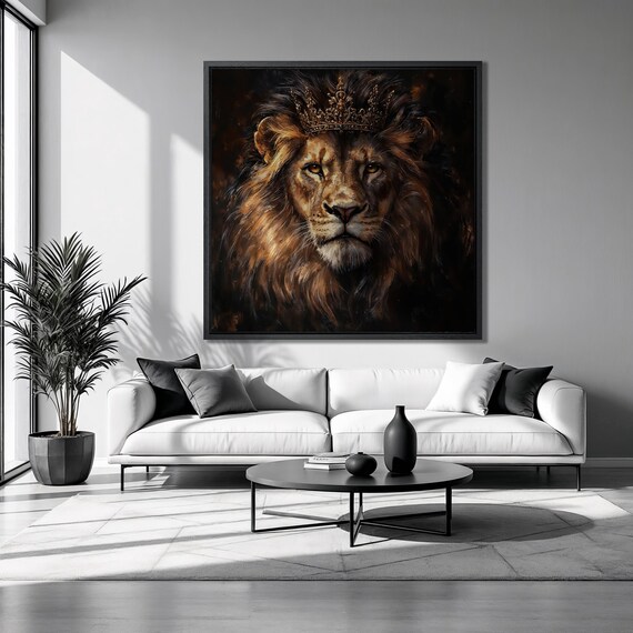 Regal Lion Golden Crown Portrait Dark Background Square Animal Poster